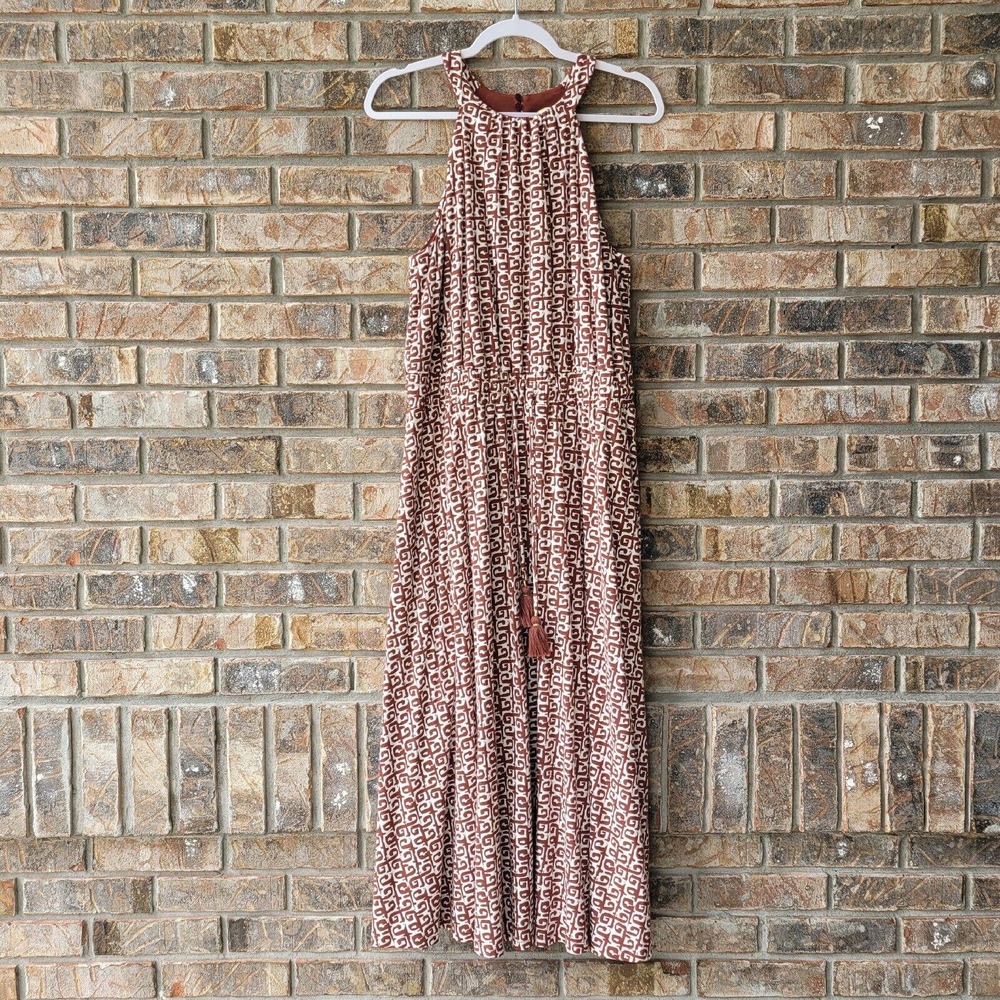 Boden Moroccan Tie Halter Midi Dress Brown White Size US 10 J0913 NEW